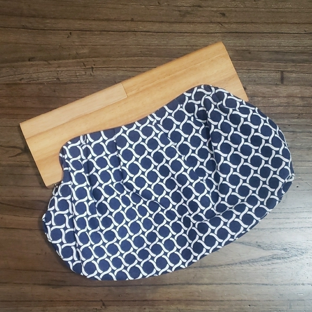 Old Navy Wood Handle Blue and White Cotton Cloth Clutch Purse